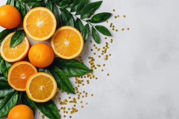 Fresh oranges and green leaves arranged artfully on a white background with copy space
