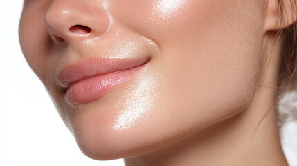 Glowing jawline close up with smooth hydrated skin and natural pink lips, showing healthy radiant complexion and subtle smile expressing confidence and freshness