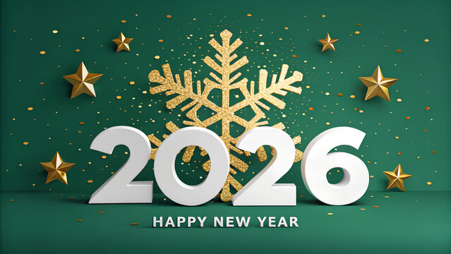 3D Golden Snowflake and Stars Happy New Year 2026 Celebration on Green Background