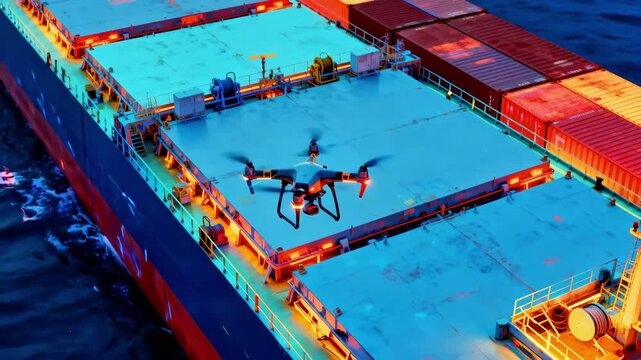 Thermal drone inspection hovering above a cargo ships deck detecting heat signatures and temperature variations to identify potential engine or equipment issues.
