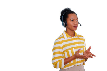 Customer service representative speaking on headset, offering assistance, support, and consulting on transparent background