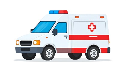 A side view depicts a white emergency medical vehicle with red and blue lights, a prominent red cross, and side stripes