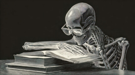 Detailed artistic illustration of a skeleton wearing glasses intently reading and studying multiple books on a dark background symbolizing knowledge and time