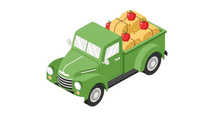 Fototapeta premium Charming Green Farm Pickup Truck Illustration Loaded with Hay Bales and Red Apples, Ideal for Agriculture Themes, Farmers Market Graphics, Harvest Posters, Children’s Books, Maps and Educational Mater