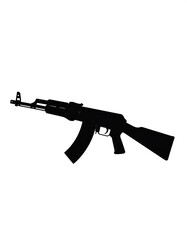 A side view of a rifle is silhouetted in black against a clean white backdrop. It features details on stock, barrel, & magazine