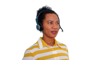 Call center agent wearing a headset, providing customer support and professional communication while talking, with a transparent background