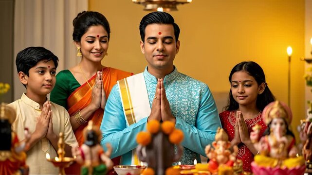 Family Celebrating Diwali with Prayer Rituals, Including Father, Mother, Two Children, and Idols of Lord Ganesha and Other Deities Present at the Pooja Ceremony