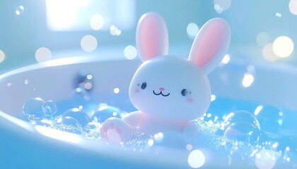 A cute, kawaii, jelly-like 3D bunny character relaxing in a bubbly bathtub with soft bokeh lights, creating a serene and adorable scene