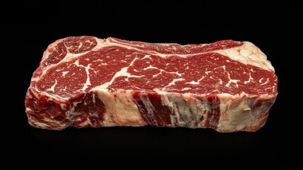 Obraz premium A raw, uncooked ribeye steak on a black background.