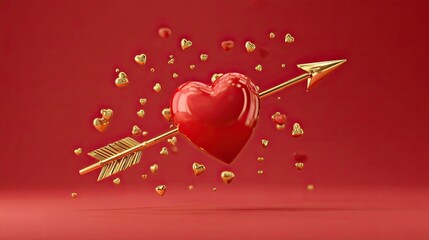 Red glossy heart pierced by golden arrow surrounded by floating tiny hearts on deep red romantic background