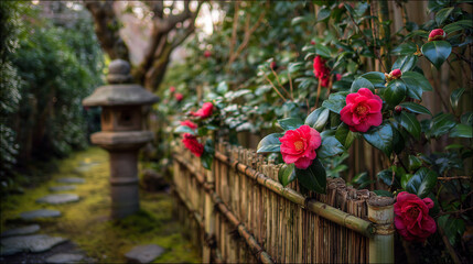 雨に濡れた日本庭園の石灯籠と赤い椿