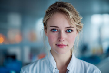 Young scientist with bright blue eyes wearing a white lab coat stands confidently in a modern research laboratory with a blurred background of equipment and lights