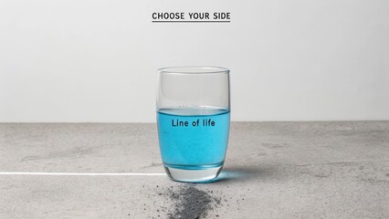 Glass with blue water dividing a line of life