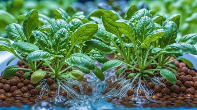 Fresh Spinach in a Hydroponic Setup: A vibrant close-up captures the beauty of freshly grown spinach plants flourishing in a hydroponic system, showcasing their healthy roots and lush green leaves.