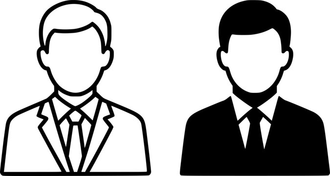 Simple icon, illustration of a man's passport photo, black and white, outline and silhouette versions