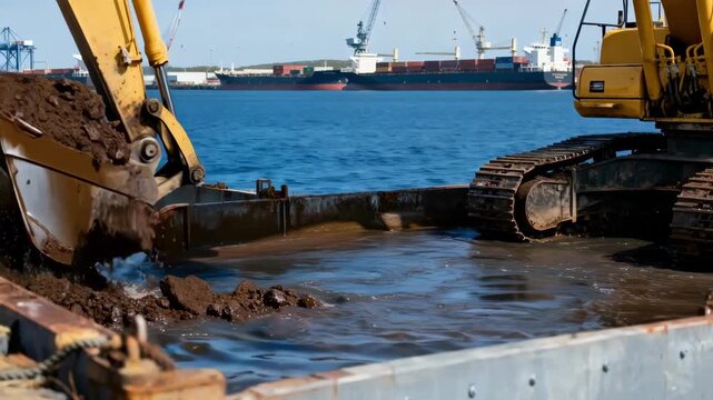 Continuous dredging process capturing powerful hydraulic excavators extracting sediment from the waterbed maintaining harbor depth efficiency.
