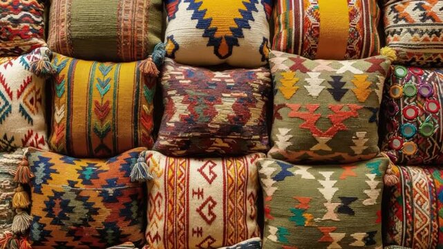 Decorative Pillows: A tapestry of vibrant and intricately patterned pillows, each a unique masterpiece of texture and design, creating a visual feast of colors, shapes, and cultural inspirations.