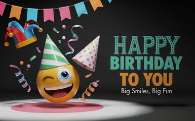Happy Birthday Greeting Background with 3D Winking Emoji and Party Hats