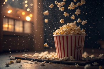 Popcorn spilling from a striped cup with popcorn falling around