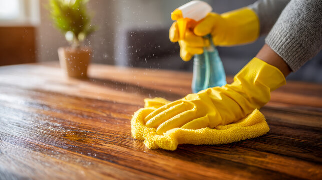 Person wearing yellow gloves cleaning a wooden table with a spray bottle and microfiber cloth in a well-lit cozy indoor setting
