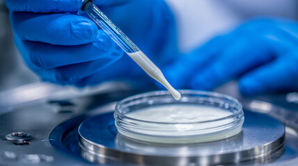 Scientist wearing blue gloves dispensing a clear liquid sample into a petri dish during laboratory research and chemical analysis process