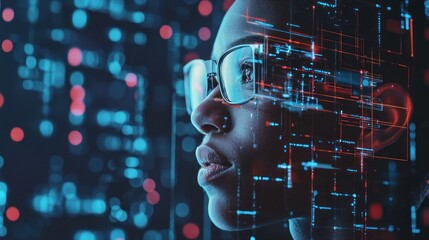 A woman wearing glasses with a futuristic, digital overlay on her face, looking off into the distance with a thoughtful expression.