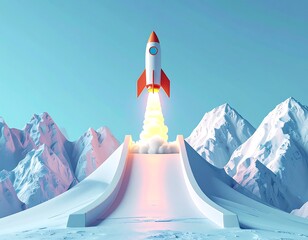 Vibrant 3D render of a sleek rocket launching from an icy, snow-covered mountain landscape, symbolizing dynamic startup growth, innovation, and a powerful ascent towards future success