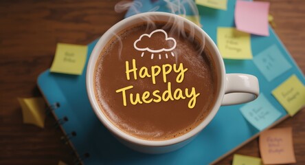 Hot Coffee Mug with Happy Tuesday Message on Wooden Desk with Sticky Notes and Notebook