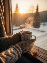 Person holding steaming mug of coffee by window in winter