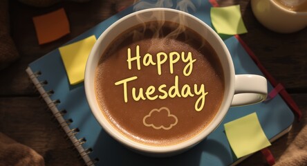 Coffee Cup with Happy Tuesday Message on Hot Drink with Sticky Notes and Notebook