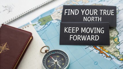 Compass and motivational quotes on a world map