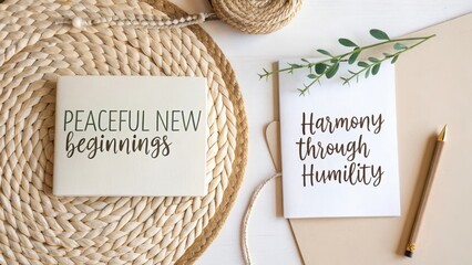 Flat lay of woven mat with cards featuring inspirational quotes
