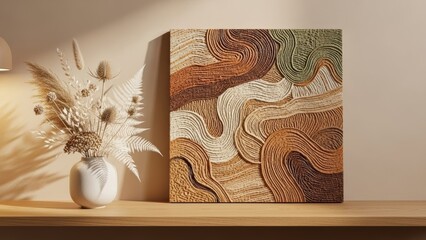 Abstract earth tones artwork with dried floral arrangement