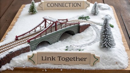 Miniature snow covered bridge scene with connection theme