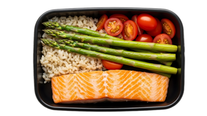 Healthy Salmon Meal Prep Box Isolated on transparent background