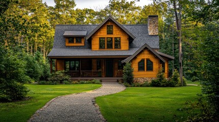 A cozy, wooden cabin nestled in a lush, green forest with a winding gravel path leading up to the entrance.