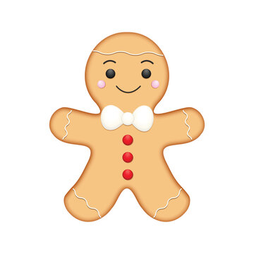 Gingerbread man cookie with frosting and buttons. Cute gingerbread man smiling vector illustration. Realistic gingerbread man cookie icon.  