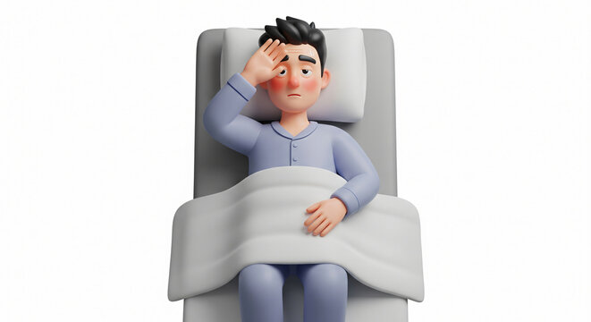 3D Adult Man Lying In Bed And Hand Touching Forehead Showing Strong Fever Pain JPG
