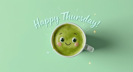 Cute Green Matcha Latte Mug with Smiling Face and Happy Thursday Text on Light Green Background