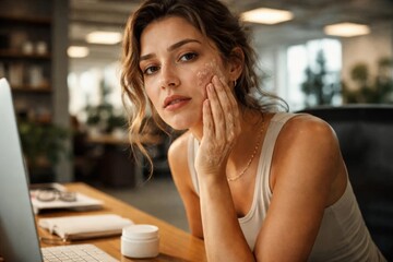 Young woman applying face cream at desk with laptop, modern skincare routine and selfcare concept in home office.