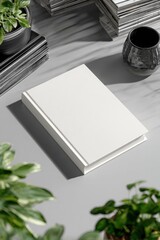 Fototapeta premium Clean Blank Book on Stylish Desktop Surrounded by Green Plants