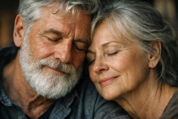 Close up of affectionate senior couple hugging with eyes closed, love, support and relationship intimacy.