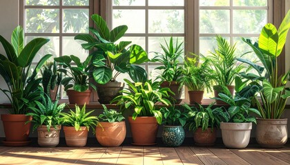 Collection of various potted houseplants thriving indoors near a window, bathed in natural light