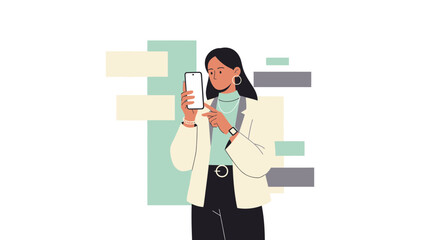 Stylish woman using smartphone with modern communication and social media themes