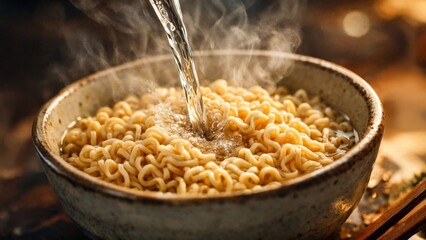 Hot water pouring into bowl of instant noodles with steam rising, cozy comfort food preparation close-up in warm kitchen light.
