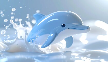 Charming 3D rendering of a glossy blue dolphin, appearing like glass, playfully leaping from a splash of white liquid, embodying joy and fluid movement