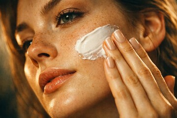 Close up of woman applying moisturizing face cream, natural skincare routine and healthy glowing skin.