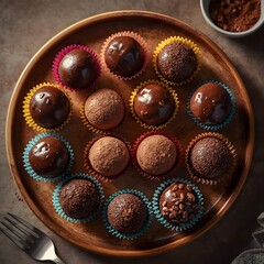 Assortment of Gourmet Chocolate Truffles in Colorful Paper Cups on Wooden Plate Top View