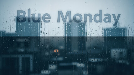 Rainy window, melancholic mood with Blue Monday text and blurred city background