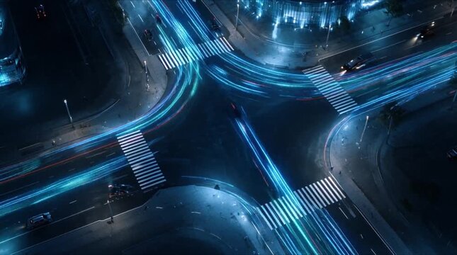 Top view of futuristic smart city intersection with glowing blue and green data trails and high-speed traffic (AI Generated)